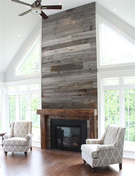 barnwood siding on fireplace wall that is angled